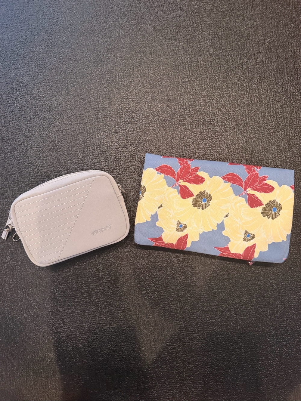 Rachel Pally Blue Floral Foldover Clutch and Vooray Grey Crossbody